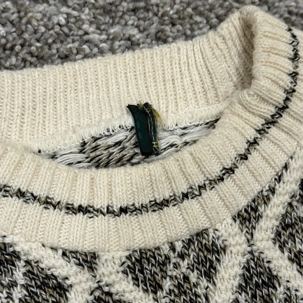 Vintage 90s Bill Blass Diamond Argyle 3D Knit Sweater Mens L Cream Geometric